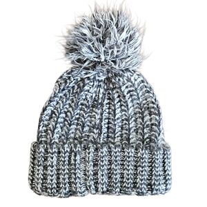Chunky Knit Pom Pom Beanie Grey White Marled Cozy Winter Hat Soft Slouchy